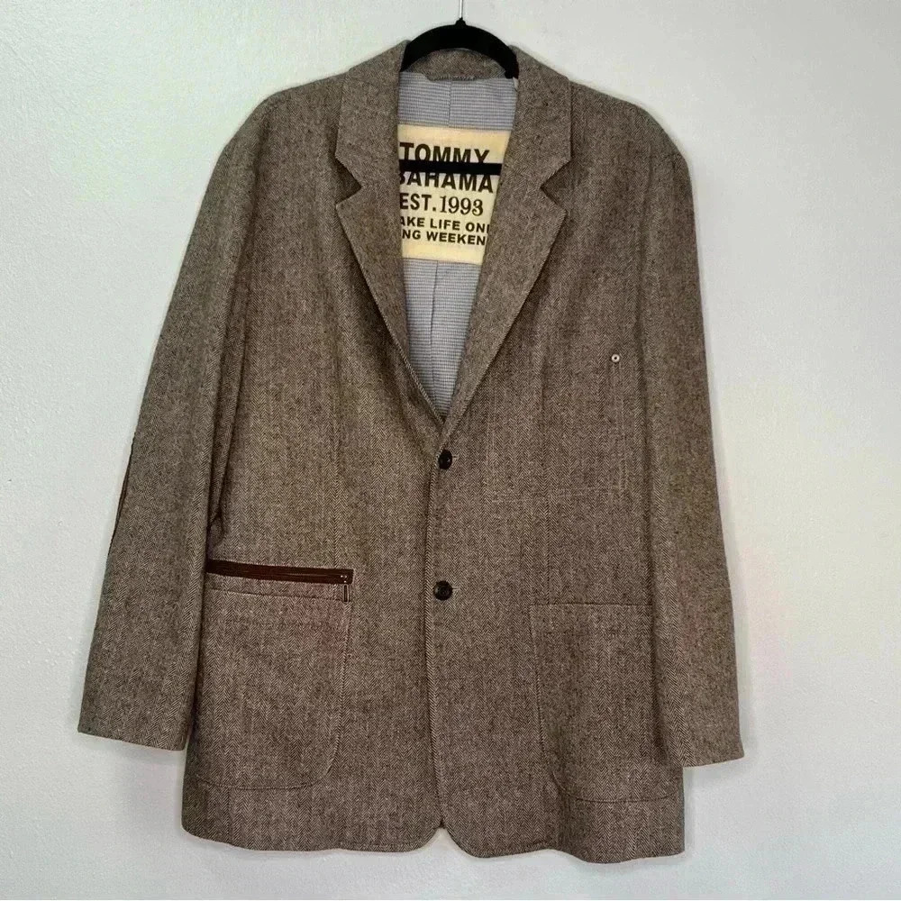 Tommy Bahama Brown Wool Blend Herringbone Tweed Blazer Elbow Patches Sz L‎